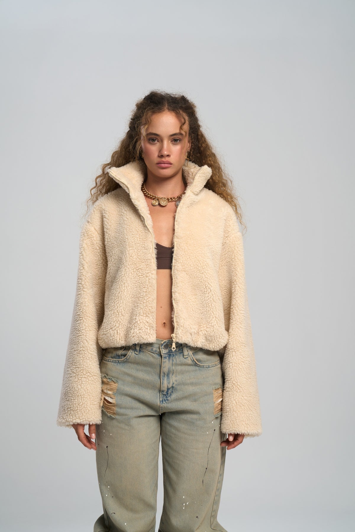 Orliva Teddy Beige Short Bomber Jacket