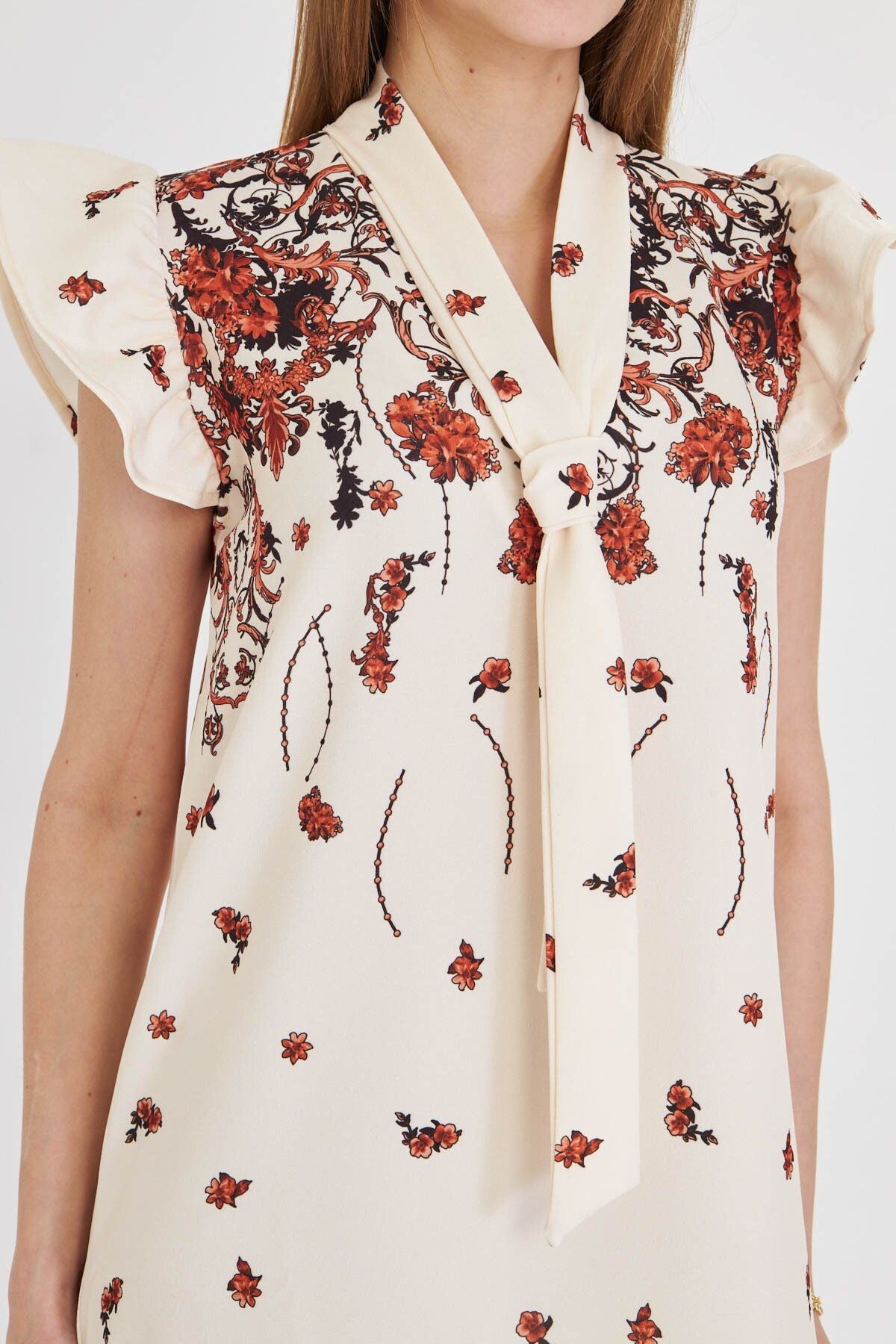 Women's Tile V-Neck Sleeves Frilly Tie Detailed Dress ARM-25Y001023