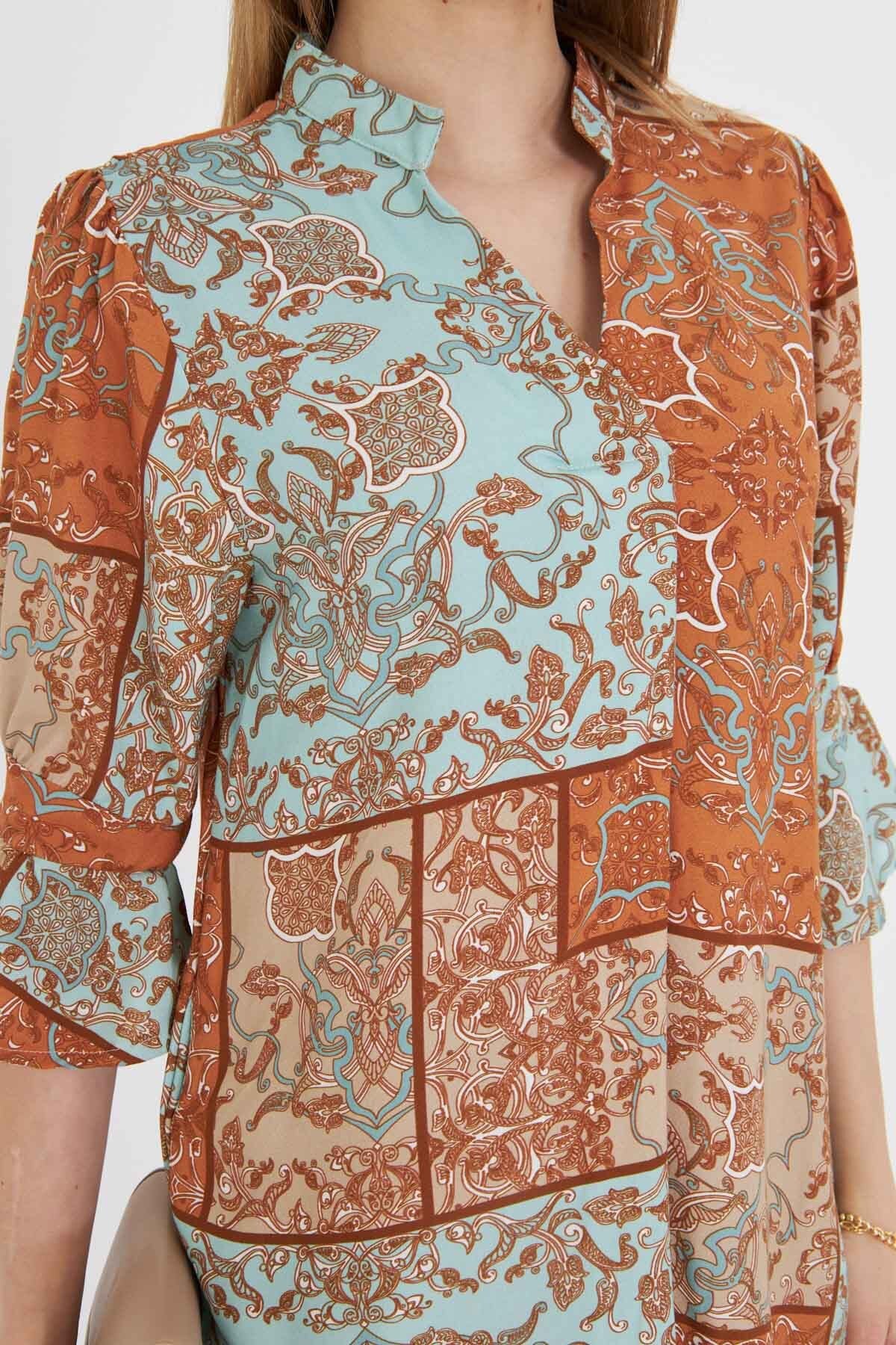 Women's Turquoise V-Neck Pleat Detailed Pocket Quarter Sleeve Dress ARM-25Y001029