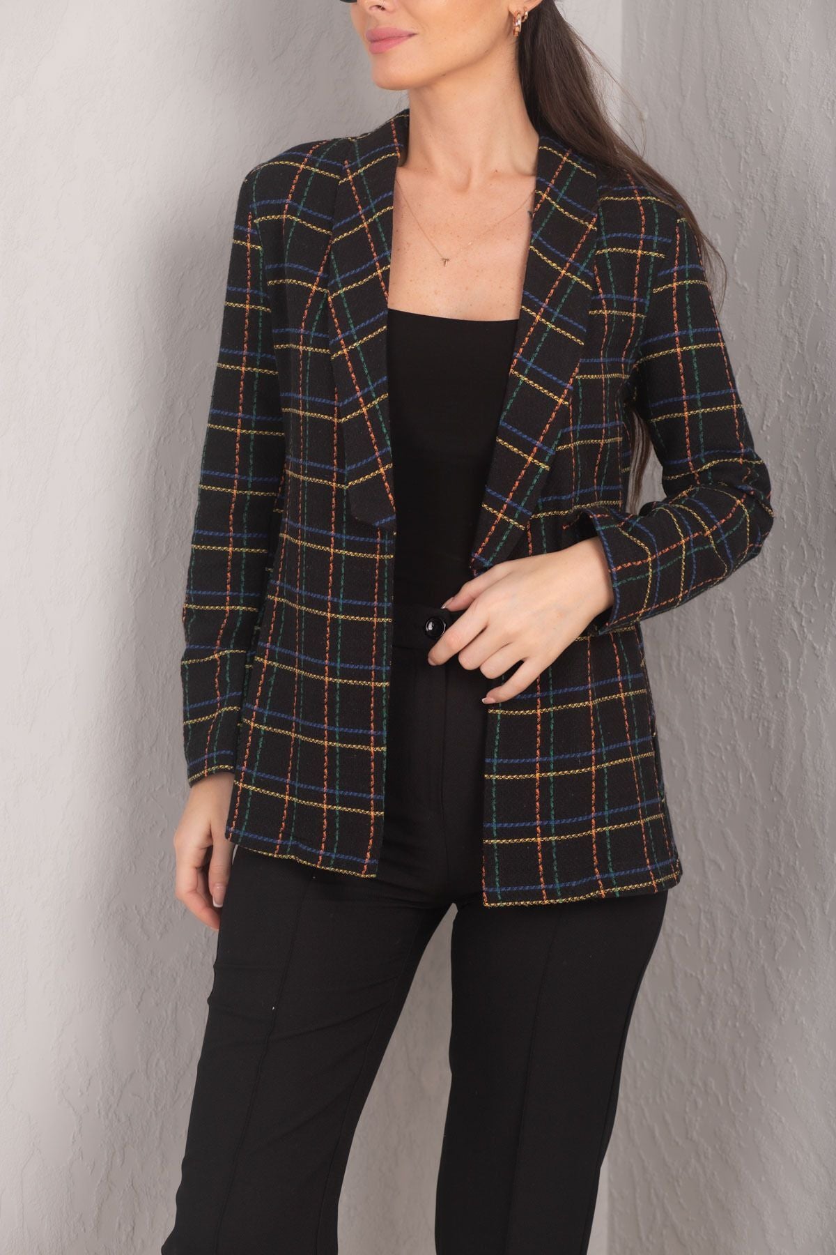 Women's Yellow Shawl Collar Plaid Pattern Tweed Jacket ARM-24K001048