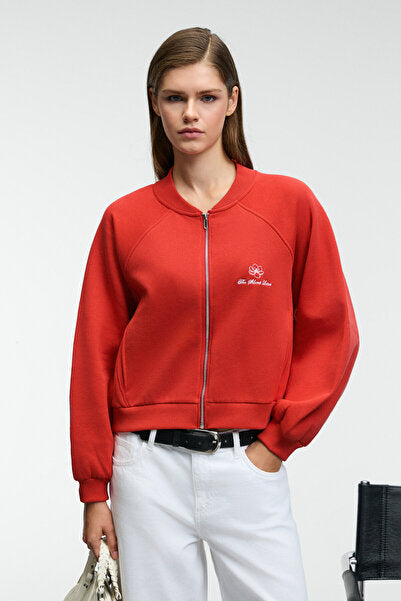 YASVELL Women's Metal Zipper Double Pocket Embroidery Detailed Balloon Sleeve Bomber Red Jacket