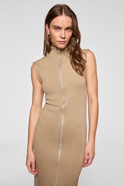 FABIENNE Women's High Collar Sleeveless Zipper Mink Dress