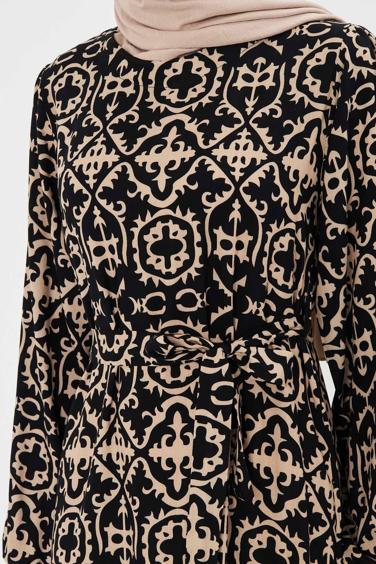 Women's Black-Beige Crew Neck Back Zipper Skirt Frilly Belted Long Hijab Dress ARM-25K001101