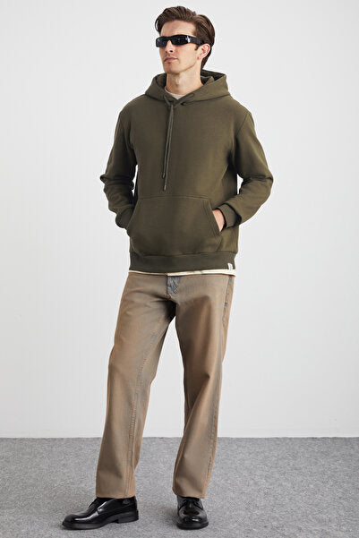 Yokohama Men's Fleece Lined Organic Cotton Regular Kangaroo Pocket Hooded Khaki Sweatshirt