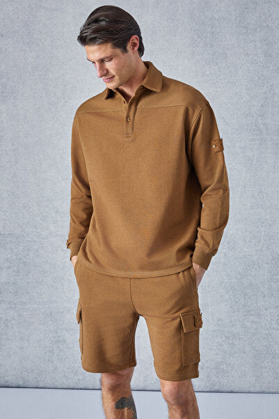 Aatrox Men's Polo Collar Buttoned Long Sleeve Regular Fit Dark Brown Sweatshirt with Embroidery Detail