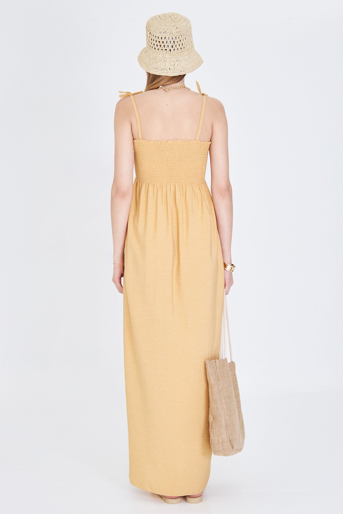 Women's Yellow Straps Lace Up Chest Gimped Elastic Long Dress ARM-25Y001069