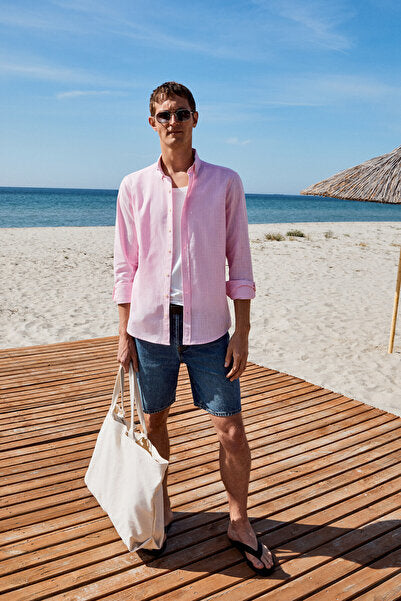 Perttu Men's 100% Cotton Slim Fit Narrow Cut Button Collar Linen Look Flared Pink Shirt