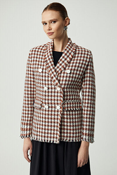 MERAN Women's Jacket Collar Long Sleeve Button Detailed Tweed Orange Jacket