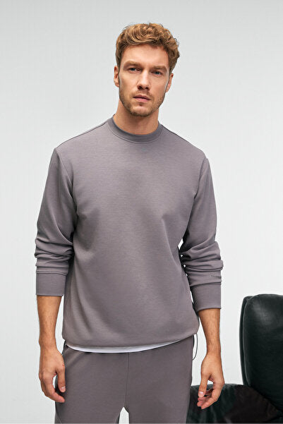 EDMUND Men's Crew Neck Dark Gray Sweatshirt with Sleeve Printed Skirt, Elastic and Stopper