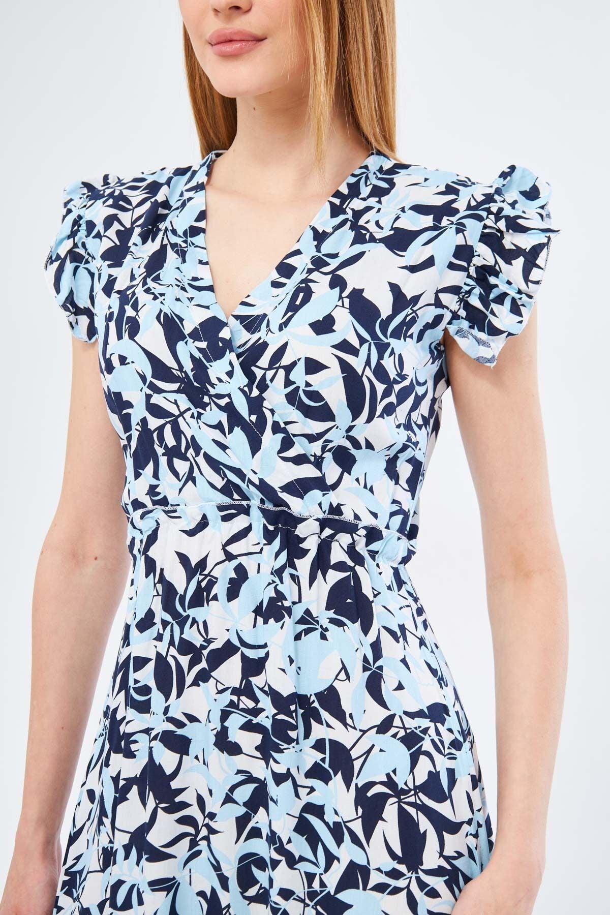 Women's Baby Blue Midi Dress Double Breasted Collar Shoulder Ruffle Detailed Elastic Waist Midi Length ARM-24Y001020