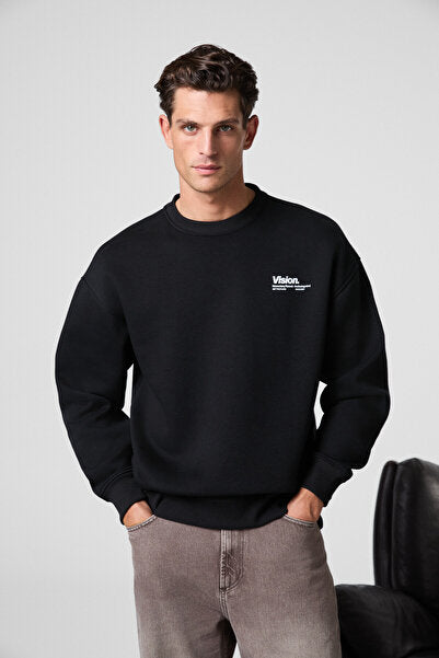 Ernest Men's Organic Cotton Soft Print Detailed Crew Neck Black Sweatshirt with Fleece Inside
