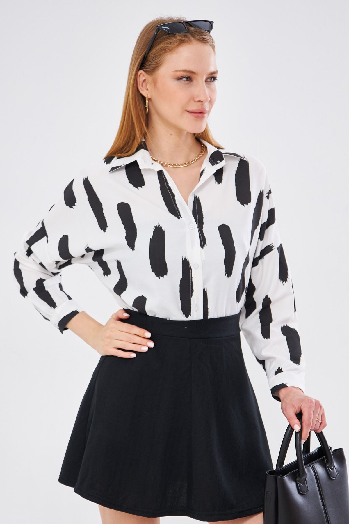 Women's Black Brush Pattern Oversize Long Basic Shirt ARM-22Y001141