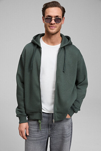 ASHBY Men's Hooded Zippered Pocket Corded Boxy Green Sweatshirt