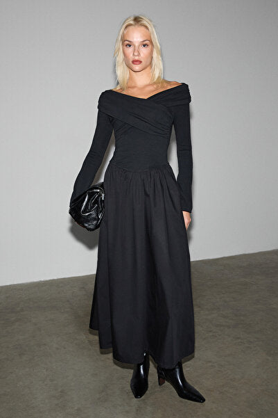 FRUENDO Women's Asymmetrical Collared Top with Stretchy Fabric Skirt Poplin Long Black Dress