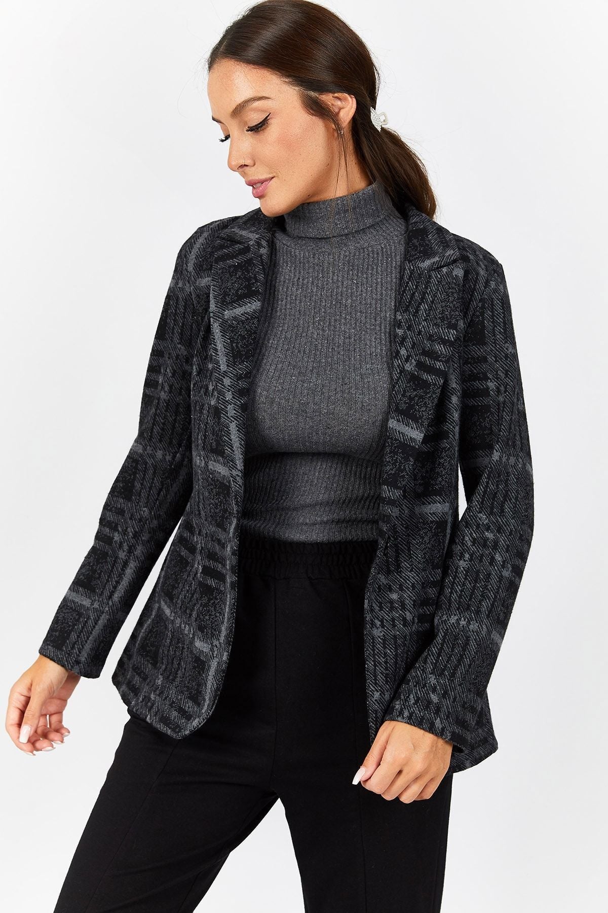 Women's Anthracite Plaid Pattern Single Button Jacket Arm-22Y001163