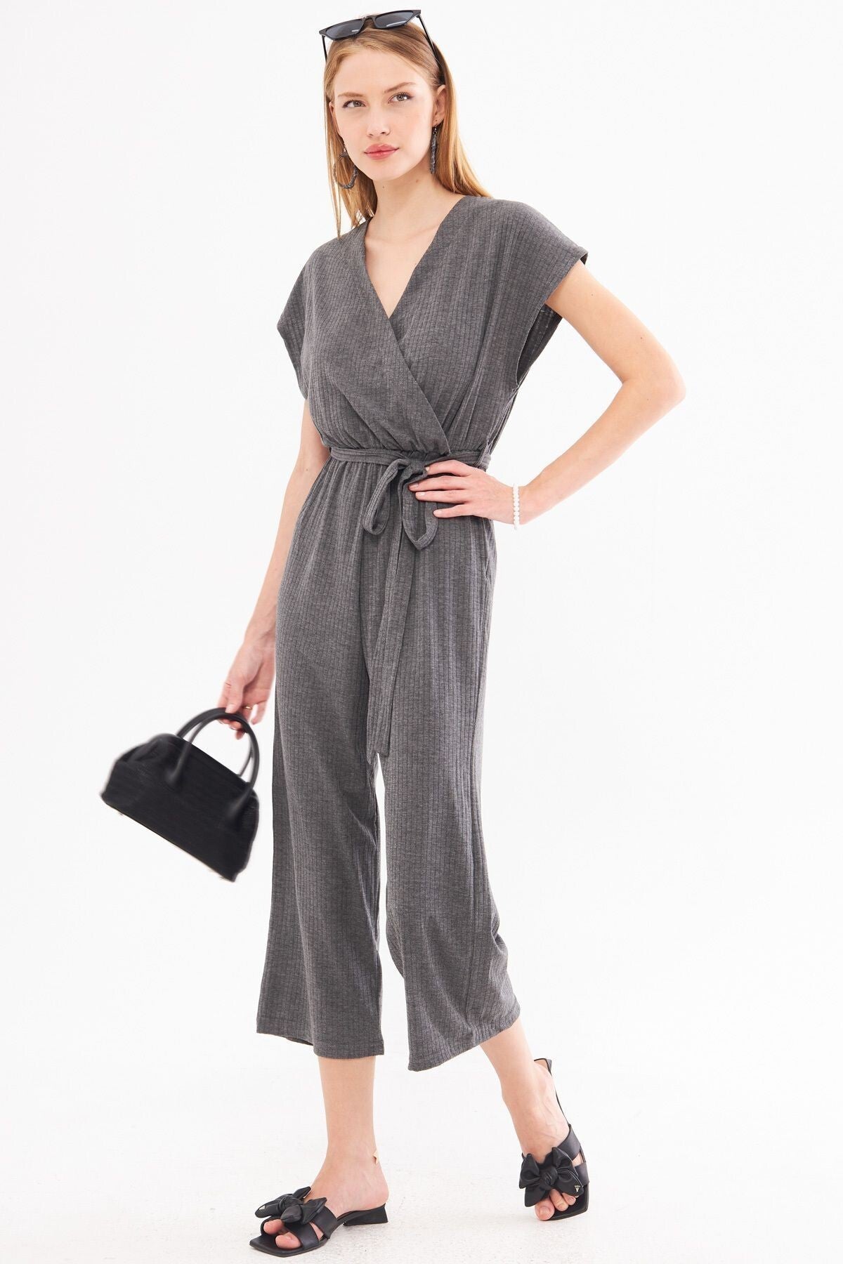 Women's Anthracite Double Breasted Jumpsuit with Belt Waist ARM-20Y042008