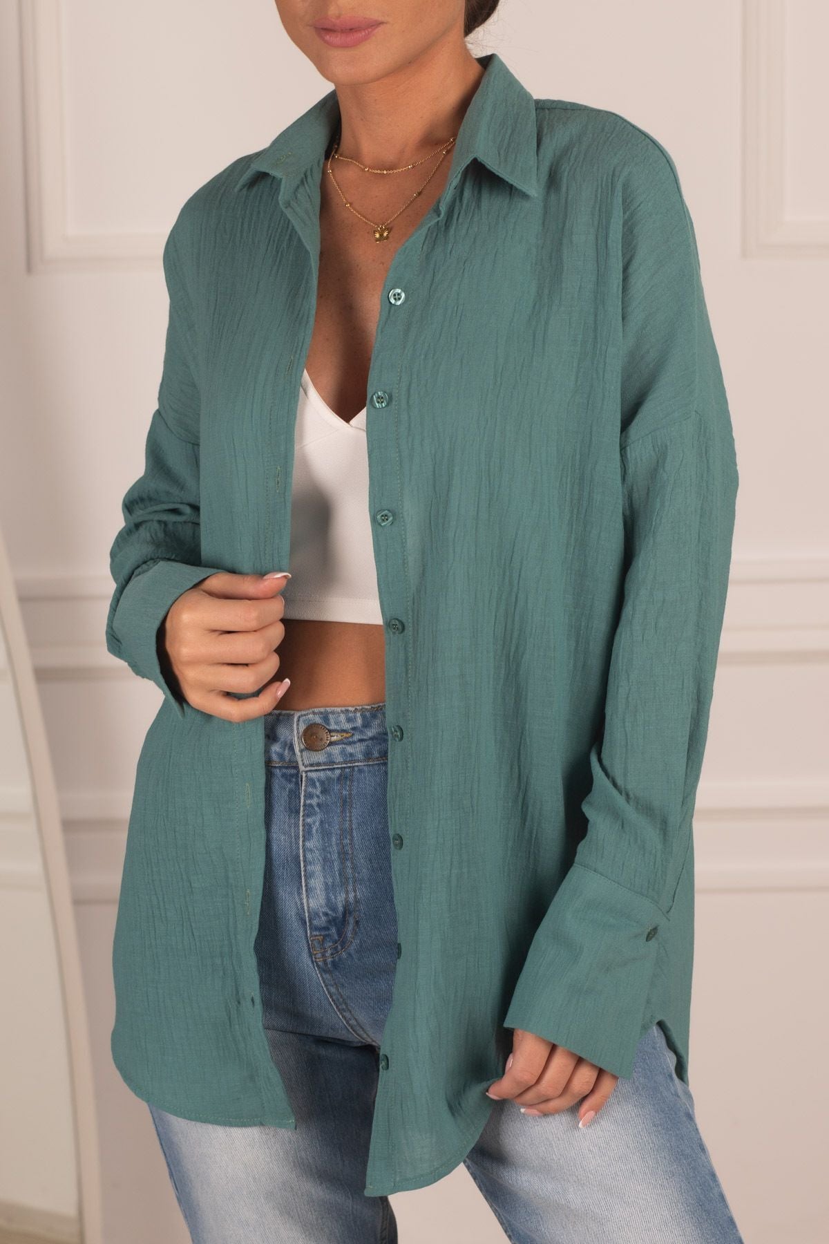 Women's Turquoise Oversize Textured Linen Look Wide Cuff Shirt Arm-24k001001