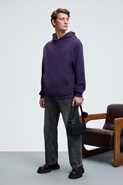 AMOS Men's Soft Fabric 3 Thread Oversize Hooded Purple Sweatshirt with Kangaroo Pocket
