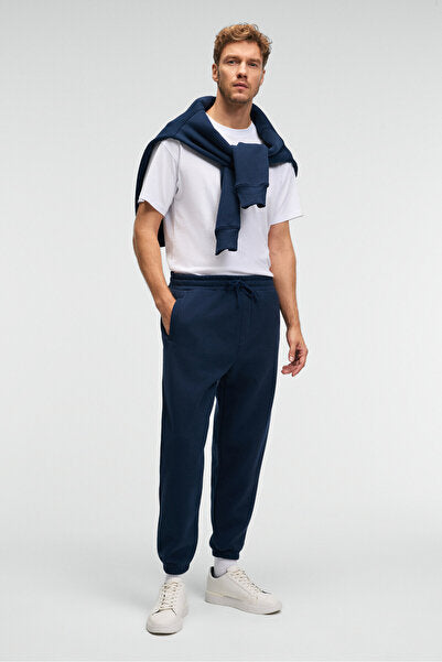 ANSEL Men's Elastic Slim Leg Three-Pocket Soft Organic Cotton Navy Blue Sweatpants