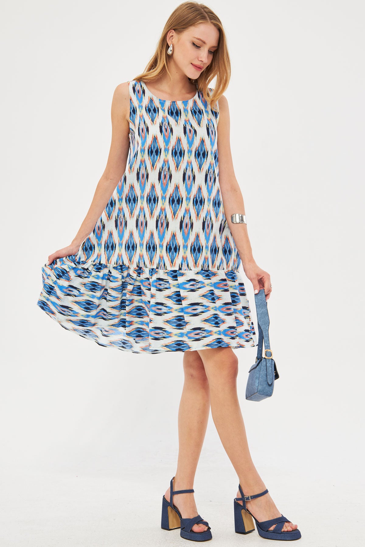 Women's Light Blue Patterned Sleeveless Skirt Frilly Dress ARM-22K001142