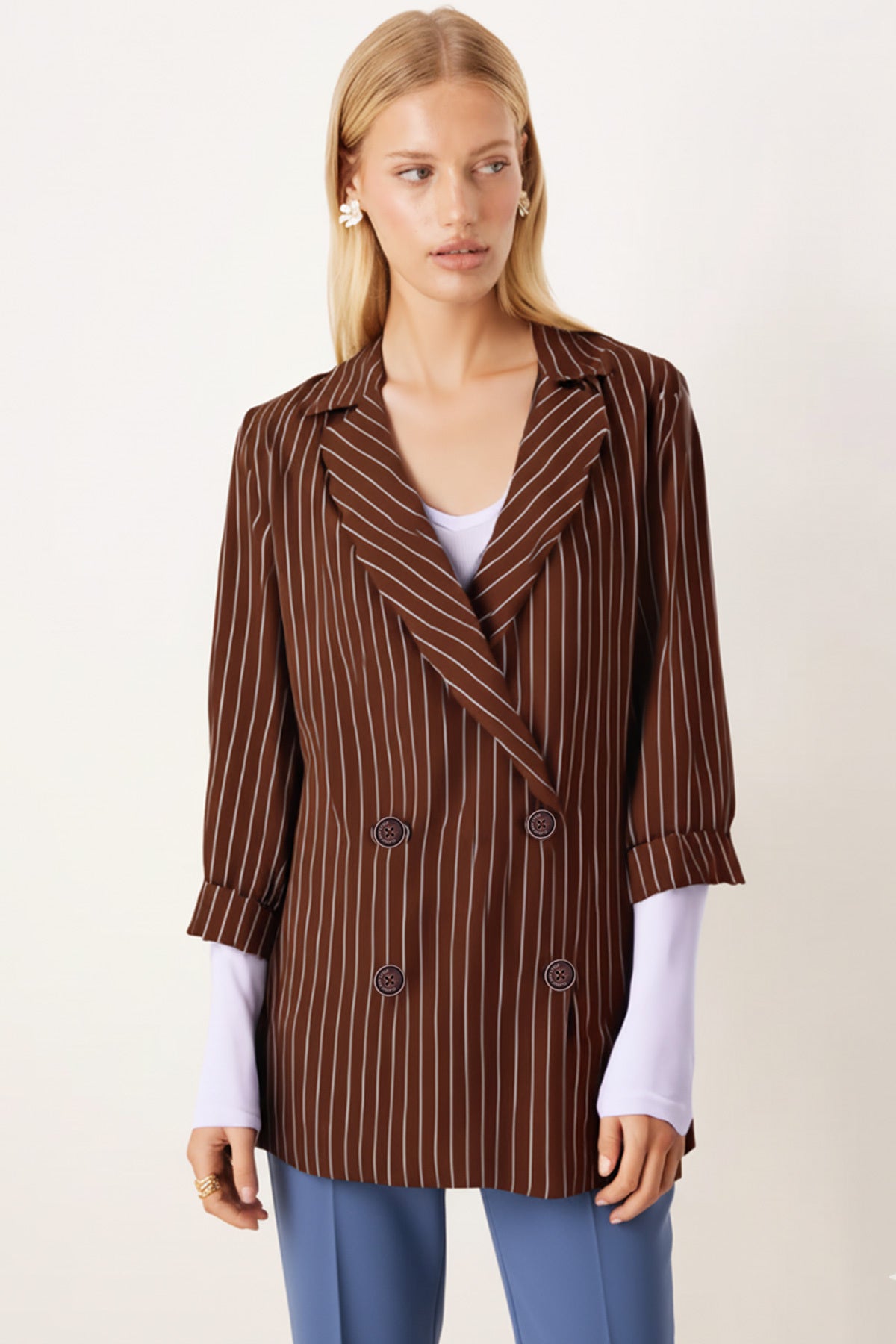 Women's Brown Oversize Double Sleeve Double Breasted Collar Lined Blazer Jacket ARM-26K001052