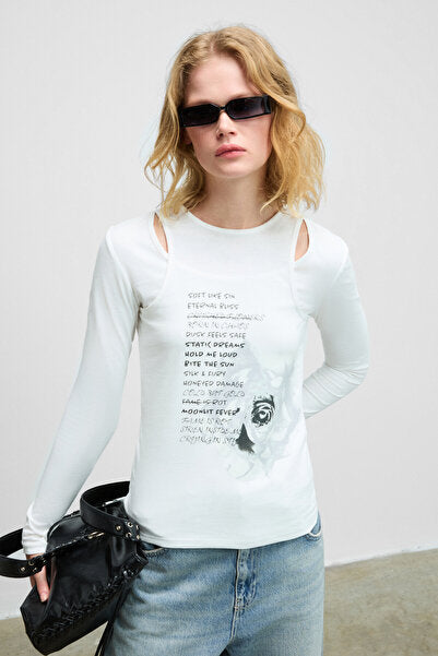 ZARABI Women's Soft Fabric Halter Collar Long Sleeve White T-Shirt