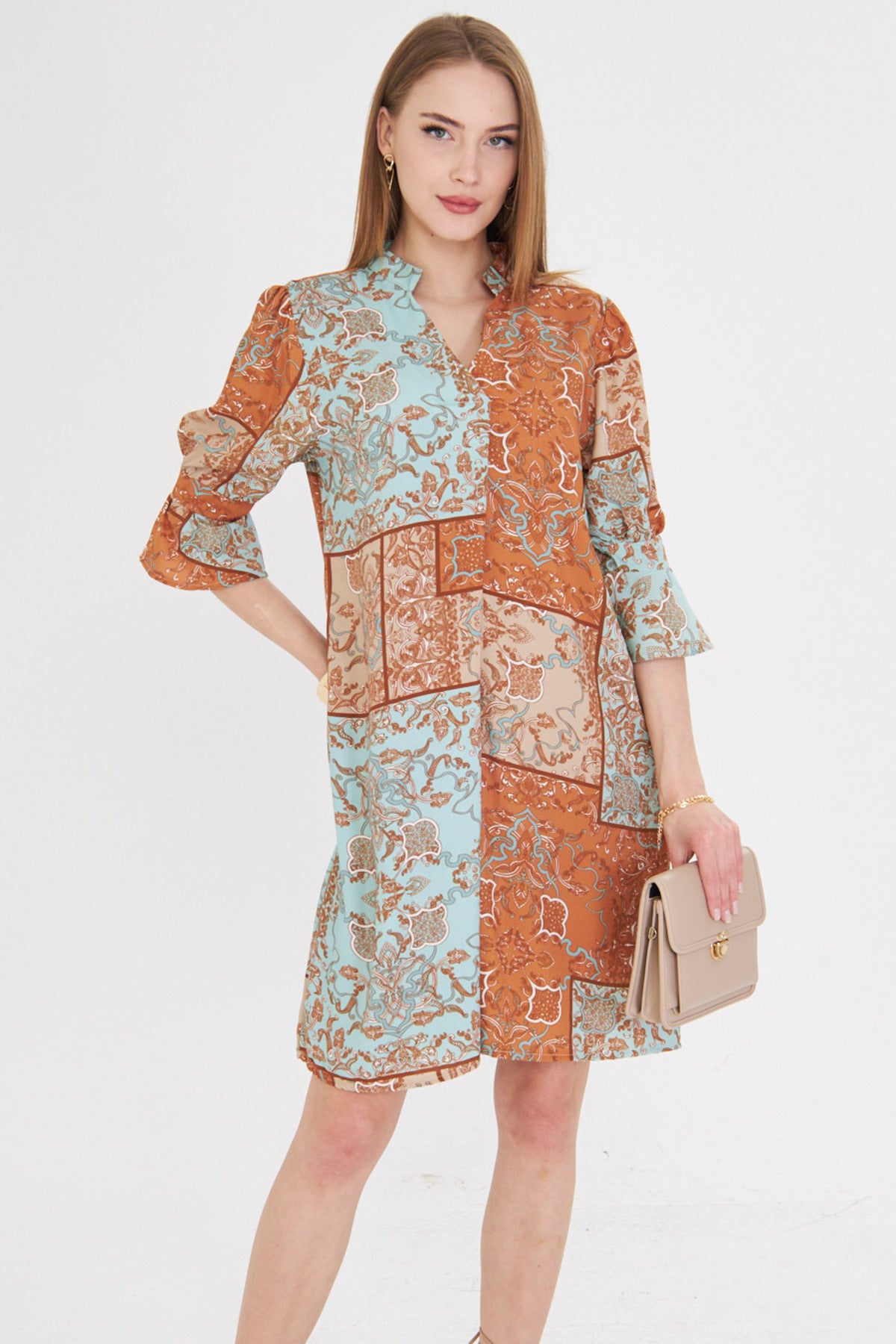 Women's Turquoise V-Neck Pleat Detailed Pocket Quarter Sleeve Dress ARM-25Y001029