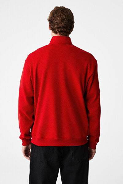 VELVETY Men's Cotton Fleece Inside Stand-up Collar Zippered Long Sleeve Regular Fit Red Sweatshirt