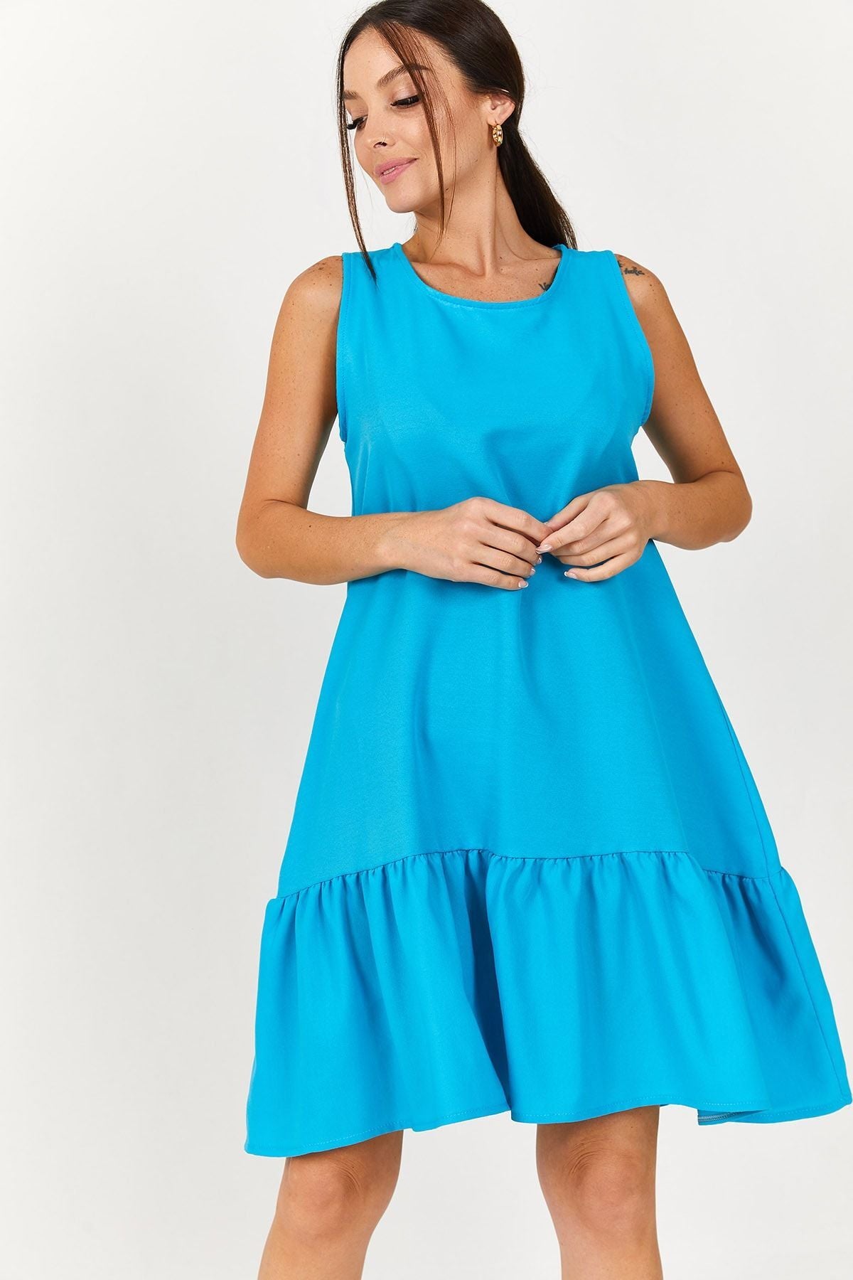 Women's Turquoise Sleeveless Skirt Ruffle Dress ARM-18Y001156