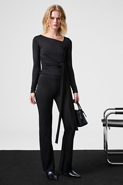 LORELIS Women's Stretchy Fabric Wide Leg Black Trousers with Stitching Detail