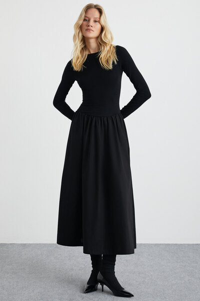 Pani Women's Maxi Length Skirt Part Woven Poplin Flared Top Part Flexible Viscose Elastane Stylish Black Dress