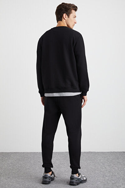 Adens Men's Regular Organic Cotton Premium Fabric Raised Elastic Leg Black Sweatpants