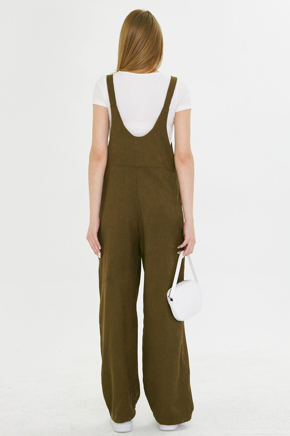 Women's Dark Khaki Velvet Pocketed Wide Leg Slim Ribbed Gardener Overalls ARM-25K001036