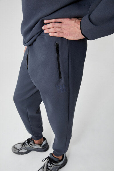 PEPO Men's Relaxed Anthracite Sweatpants with Elastic Waist Pockets and Zipper Print Detail