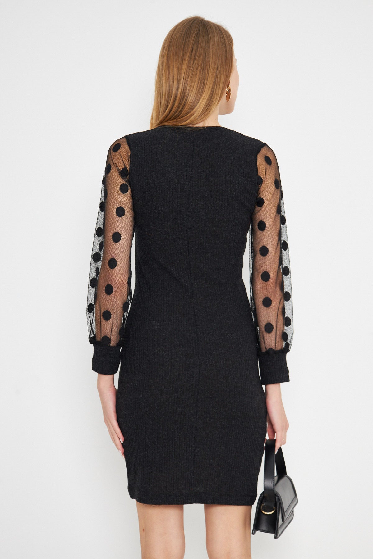 Women's Black U-Neck Fitted Sleeves Tulle Detailed Camisole Knitwear Dress ARM-25K001068