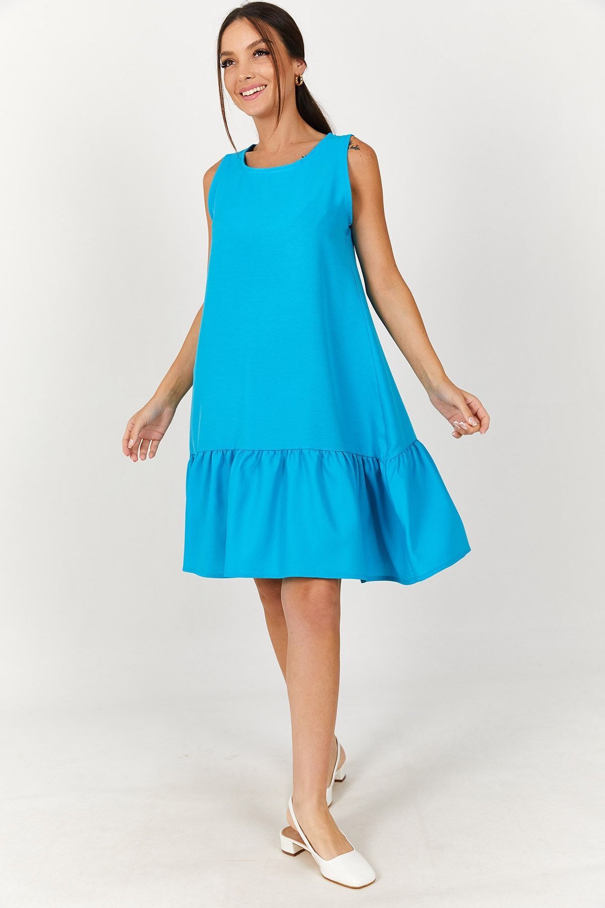 Women's Turquoise Sleeveless Skirt Ruffle Dress ARM-18Y001156