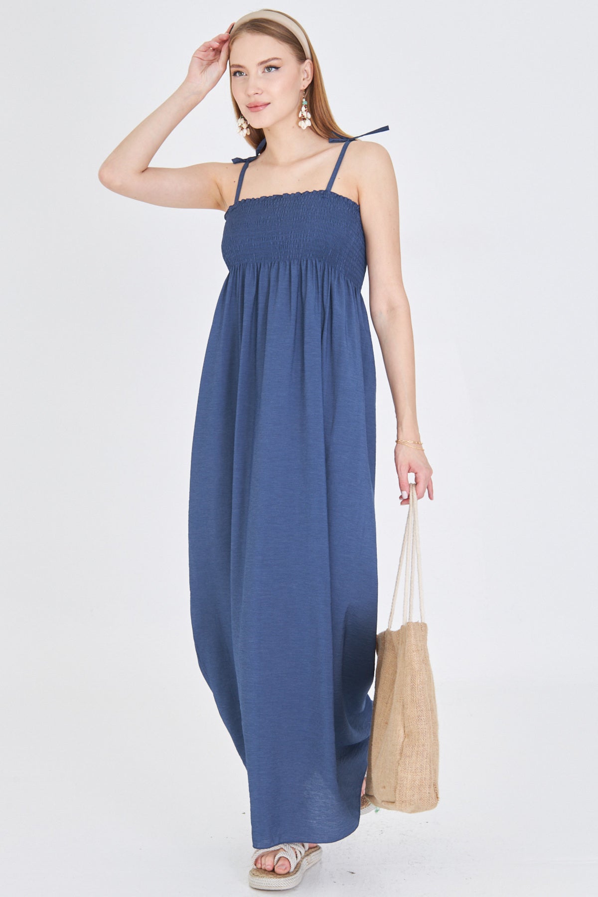 Women's Navy Blue Straps Lace Up Chest Gimp Elastic Long Dress ARM-25Y001069