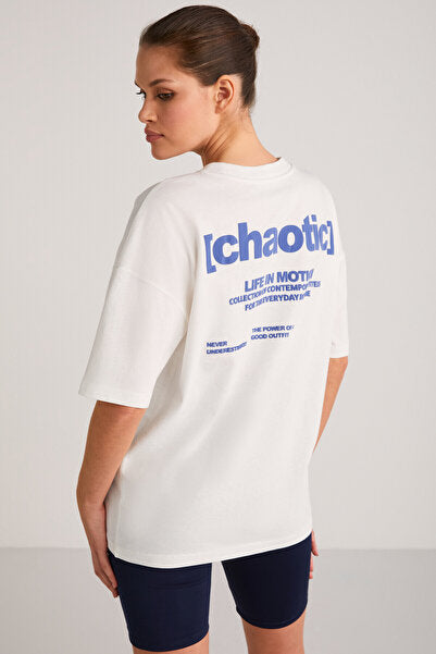 Arcadia Women's 100% Organic Cotton Ecru/blue T-shirt with Text Detail on Back and Front