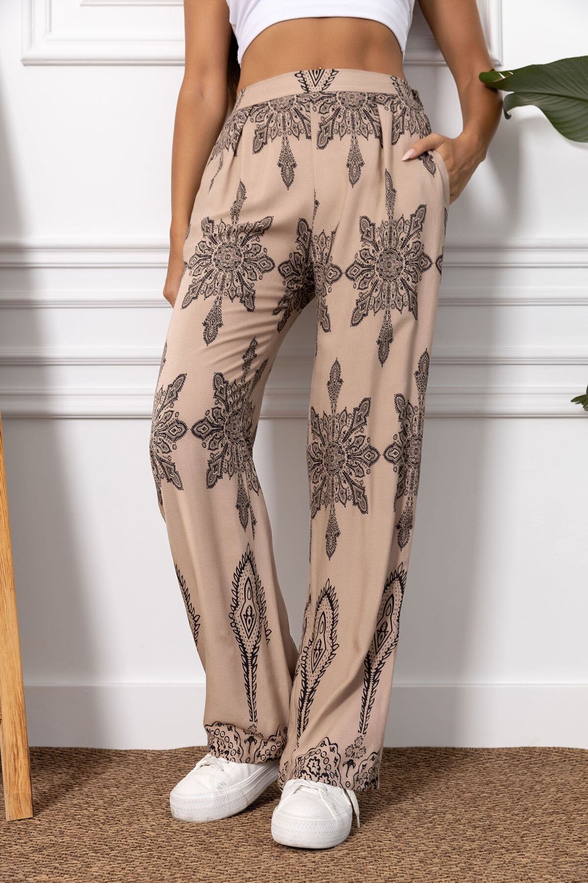 Women's Mink Patterned Wide Leg Trousers ARM-23Y001124