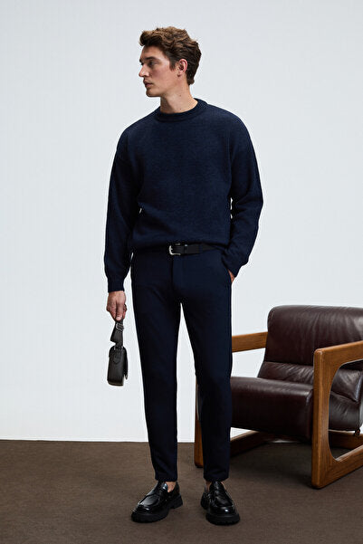 CRUDO Men's Regular Fit Woven Navy Blue Trousers with Side and Back Pockets and Zipper