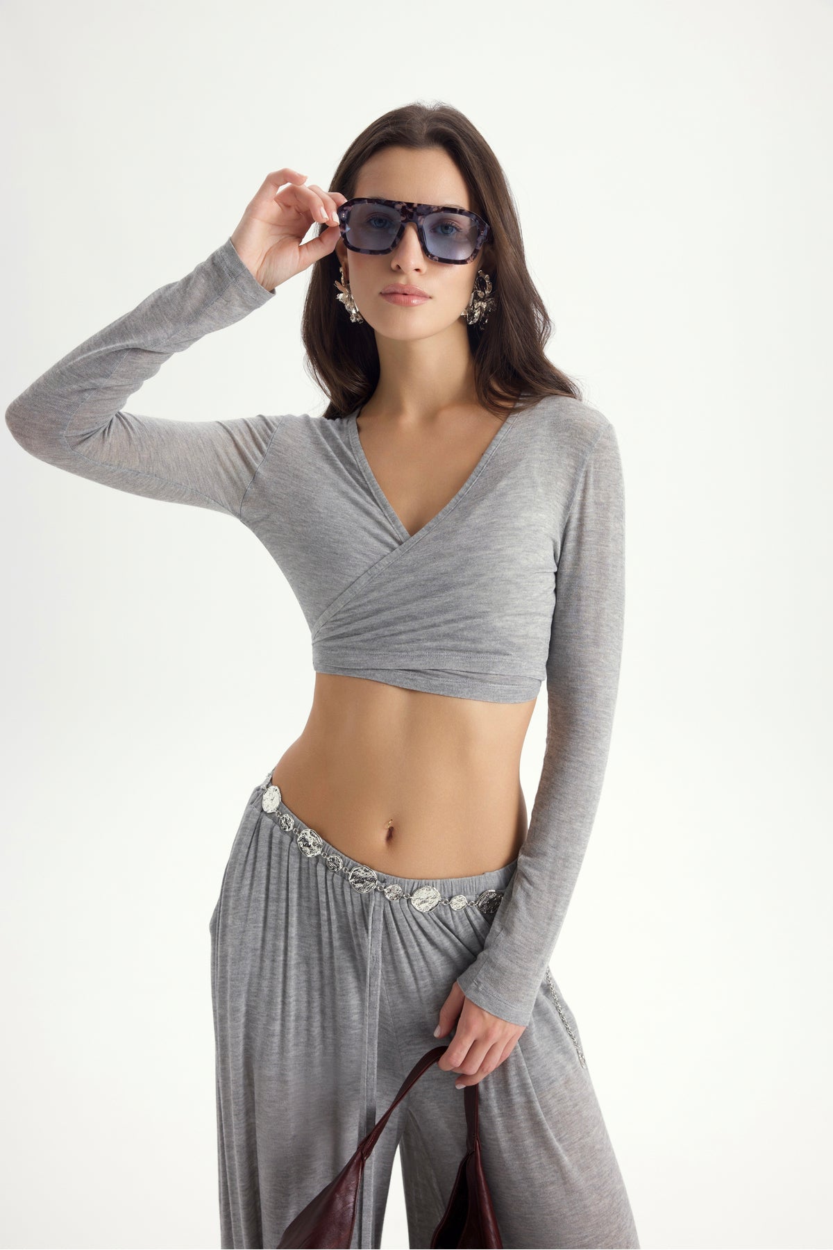Gray Crop Shalwar Trousers Set with Vena Tie
