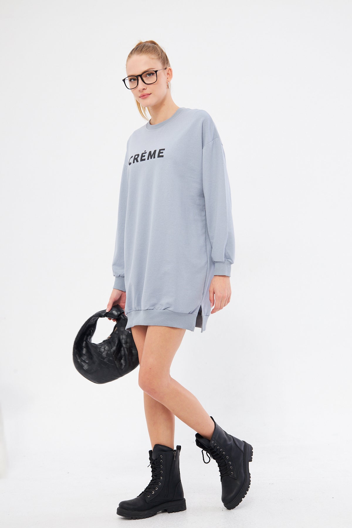 Women's Gray Crew Neck Front Written Tunic Sweatshirt ARM-25K001029