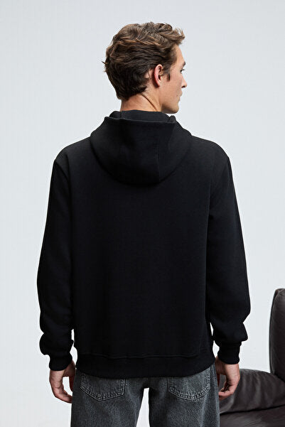 AMOS Men's Soft Fabric 3 Thread Oversize Hooded Kangaroo Pocket Black Sweatshirt