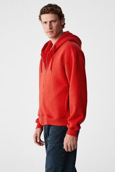 ASHBY Men's Hooded Zipper Pocket Cord Boxy Fit Red Sweatshirt