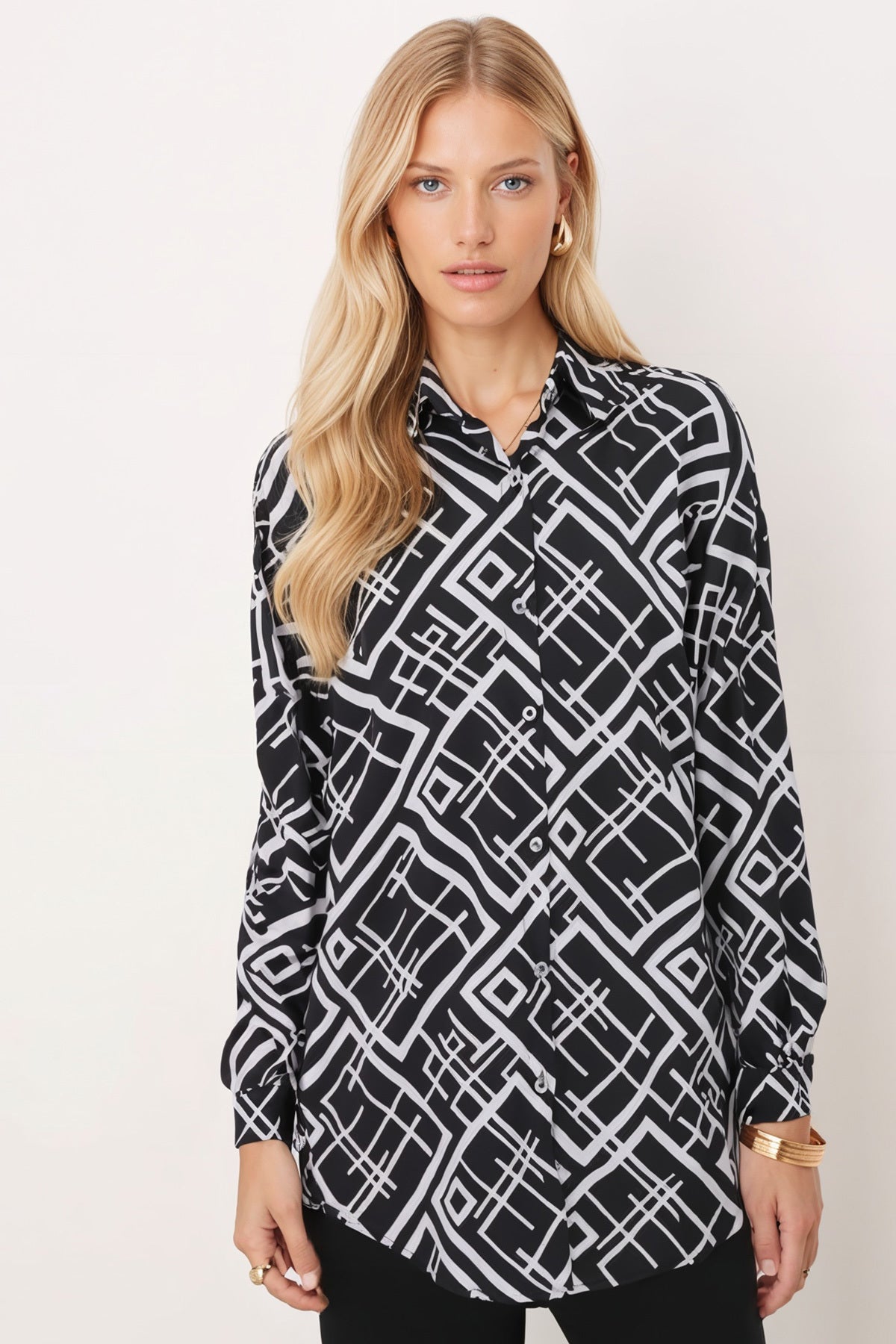 Women's Black Square Pattern Oversize Long Basic Shirt Arm-22Y001144