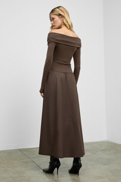 FRUENDO Women's Asymmetrical Collared Top with Stretchy Fabric Skirt Poplin Long Brown Dress