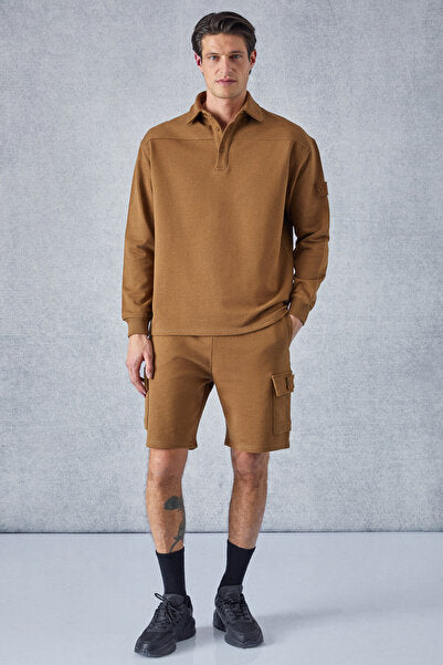 Aatrox Men's Polo Collar Buttoned Long Sleeve Regular Fit Dark Brown Sweatshirt with Embroidery Detail