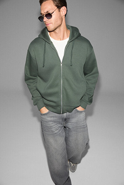 ASHBY Men's Hooded Zippered Pocket Corded Boxy Green Sweatshirt