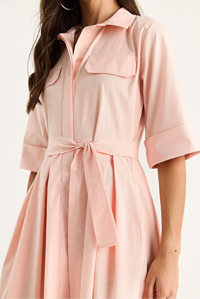 Women's Pleated Skirt, Pocket Detail, Belted Poplin Midi Dress 8441 60283445