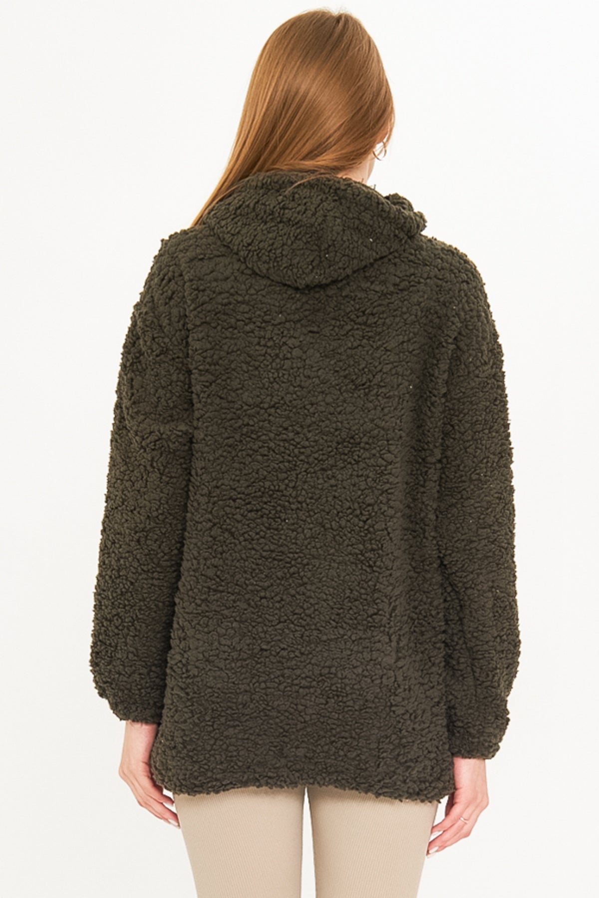 Women's Khaki Hooded Plush Sweatshirt with Pocket Cover ARM-25K001090